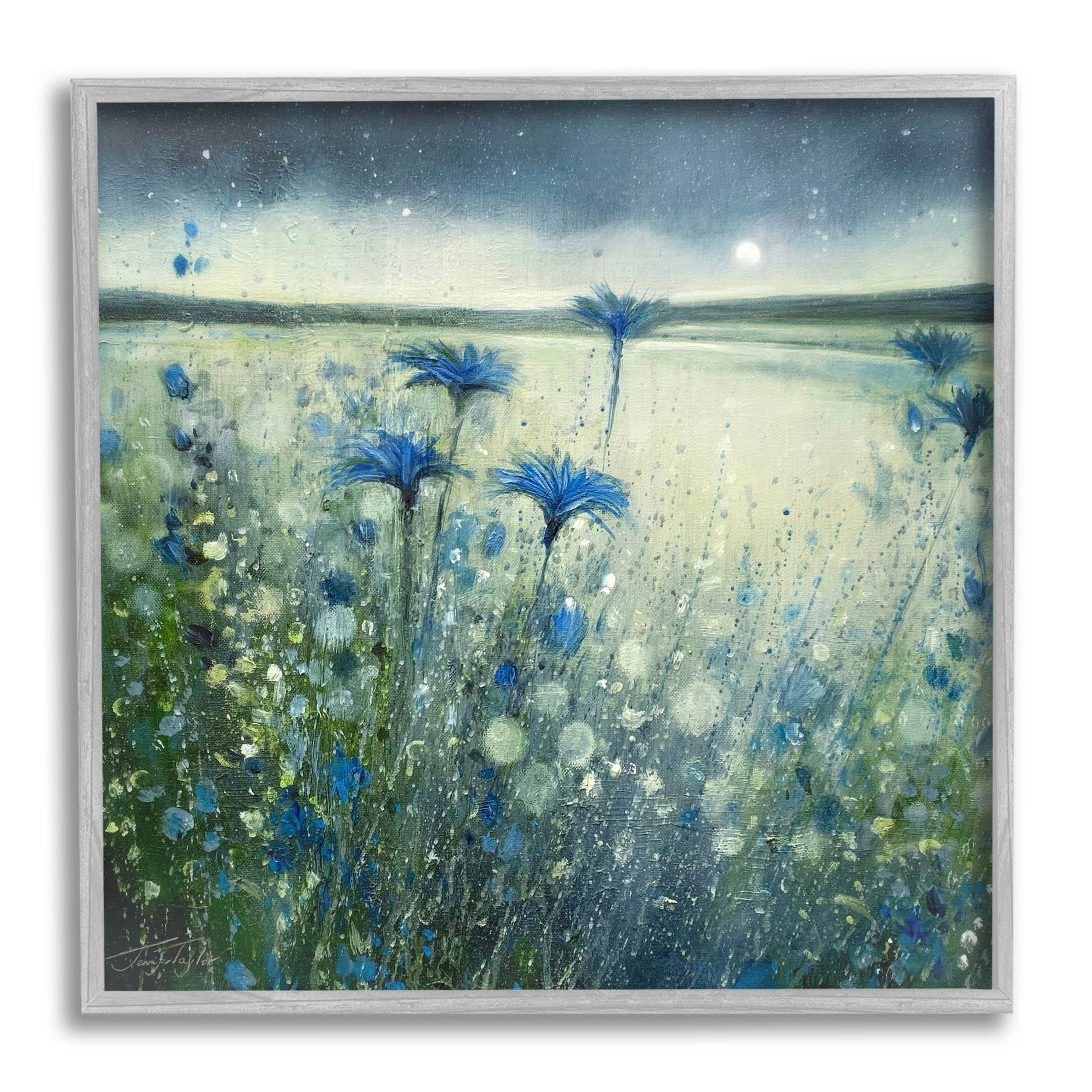 Lakeside Botanicals Moonlit Night Sky Landscape Painting Gray Framed Art Print Wall Art