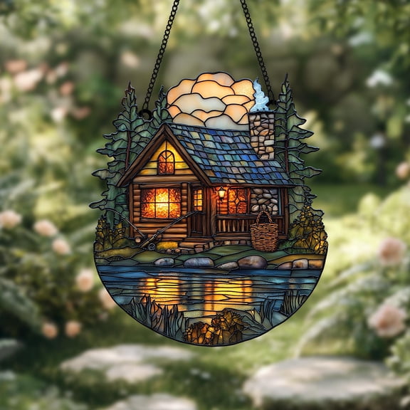 Lakeside Cabin 2D Flat Acrylic Suncatcher - Rustic Window Decor, Campfire Glow, Fishing Rod, Pine Trees Design, Forest Nature Lovers Gift, Cozy Home Accent