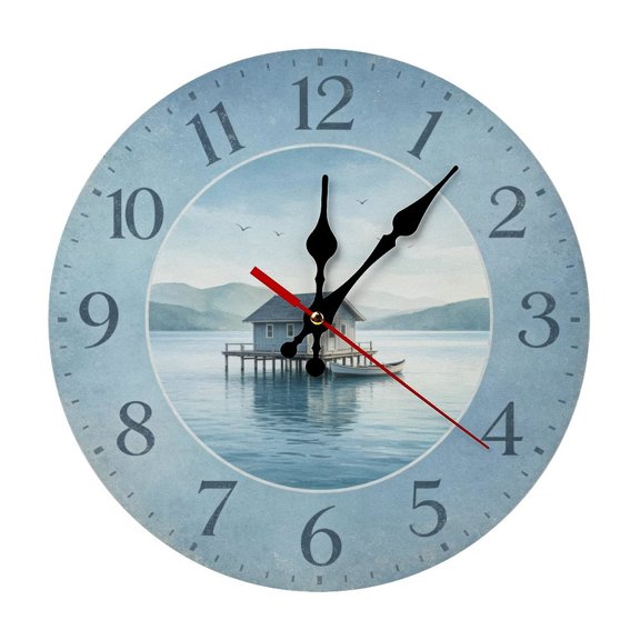 Lakeside Cabin Reflection (2) 5mm Thick Solid Wood Wall Clock, Quiet Quartz Movement Easy Install Hanging Clock