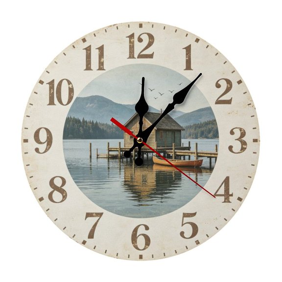 Lakeside Cabin Reflection Farmhouse Style Round Wood Wall Clock, Noiseless Design for Cafe & Classroom Decor