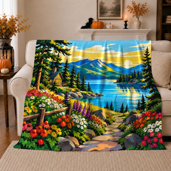 Lakeside Cabin Sunset Nature Landscape, Peaceful Mountain Lake Scene, Warm Flannel Blanket for Cabin and Lodge with Detailed Artwork, Outdoor Lovers Camping Gift, Rustic Home Decor