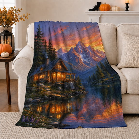 Lakeside Cabin At Twilight Wilderness Retreat, Peaceful Mountain Lake Scene, Warm Flannel Blanket for Cabin and Lodge, Outdoor Lovers Camping Gift, Rustic Home Decor