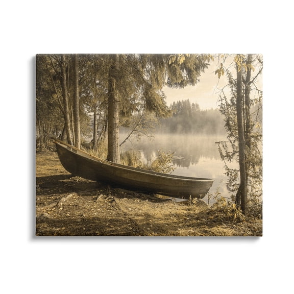 Lakeside Canoe Forest Wilderness Landscape Photograph Gallery Wrapped Canvas Print Wall Art