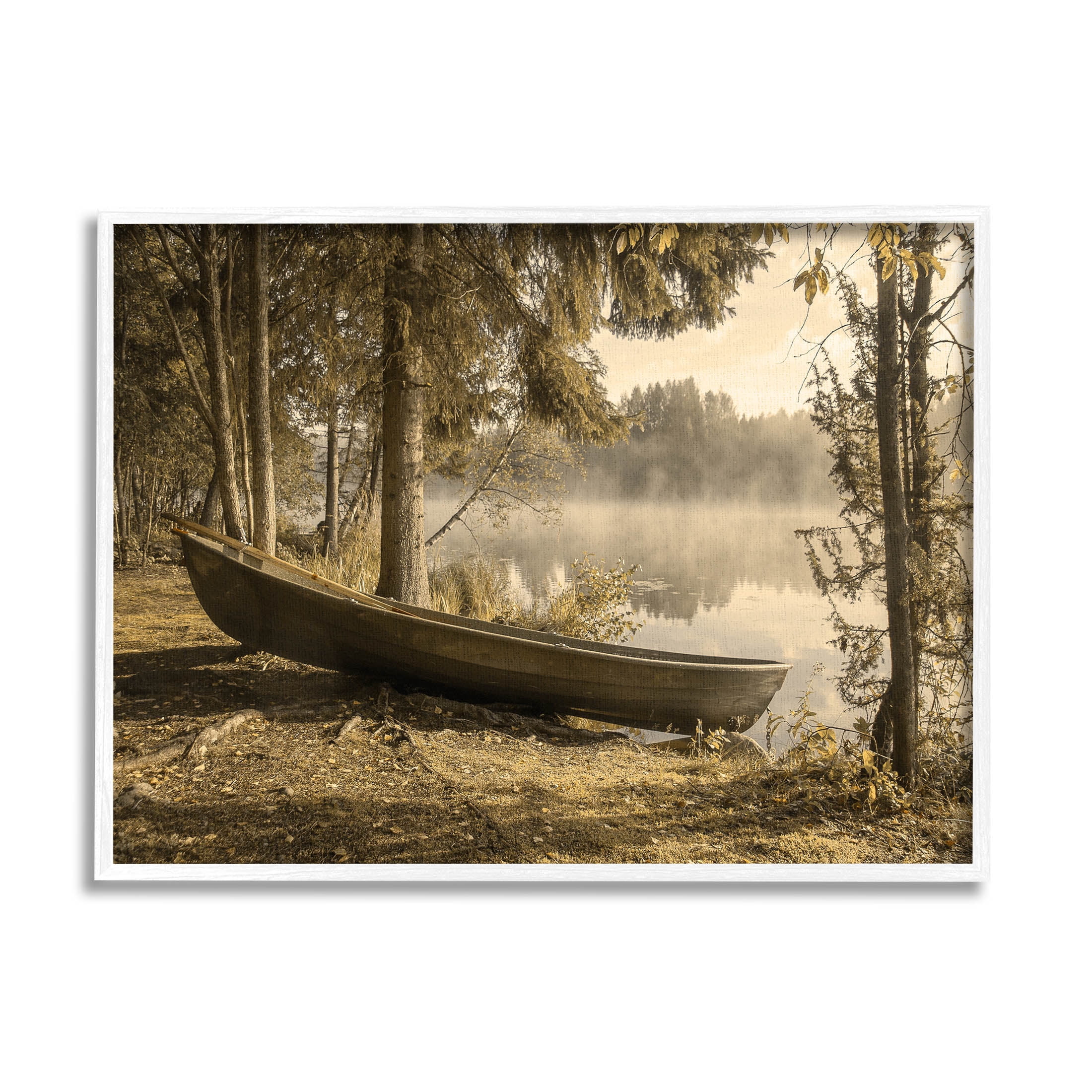 Lakeside Canoe Forest Wilderness Landscape Photograph White Framed Art Print Wall Art