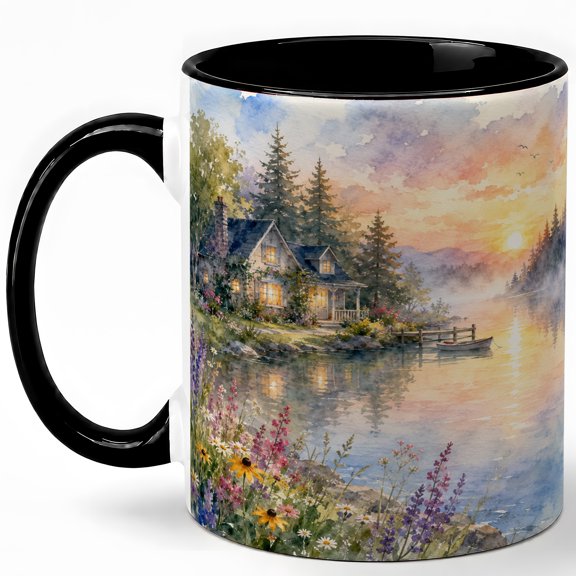 Lakeside Cottage 11oz Ceramic Mug, Sunrise Cabin Landscape Art