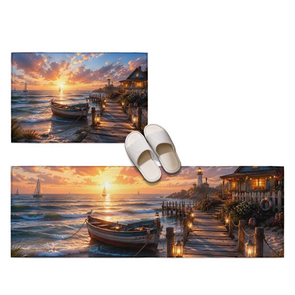 Lakeside Cottage 2 Pieces Non-Slip Kitchen Mat Set, Coastal Nautical Gold Sunset Boat Landscape Soft Door Mat with Rubber Backing, Dirtproof Rugs for Entrance Doorway, 23.6x35.4in+23.6x70.9in