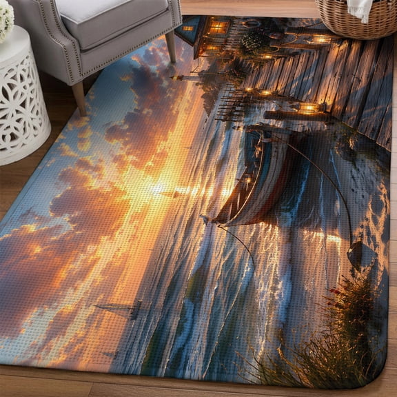 Lakeside Cottage Area Rugs for Living Room 5x6, Coastal Nautical Gold Sunset Boat Landscape Washable Area Rug Non Slip, Stain Resist Linen Carpet for Bedroom, Dining Room, Entryway, Entrance