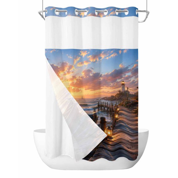 Lakeside Cottage No Hook Shower Curtain with Snap in Liner, Coastal Nautical Gold Sunset Boat Landscape Shower Curtains for Bathroom, Washable Shower Curtain Liner Set with Mesh Top Window, 36"x72"