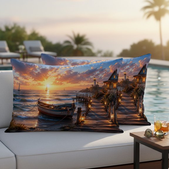Lakeside Cottage Outdoor Waterproof Throw Pillow Covers Set of 2, 20"x12", Coastal Nautical Gold Sunset Boat Landscape Decorative Pillow Covers Outside Cushion Case for Patio Porch Garden