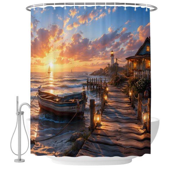Lakeside Cottage Shower Curtain for Bathroom, Coastal Nautical Gold Sunset Boat Landscape Waterproof Cloth Fabric Bathroom Accessories Set with 9 Rust Proof Plastic Hooks, 36"x78"