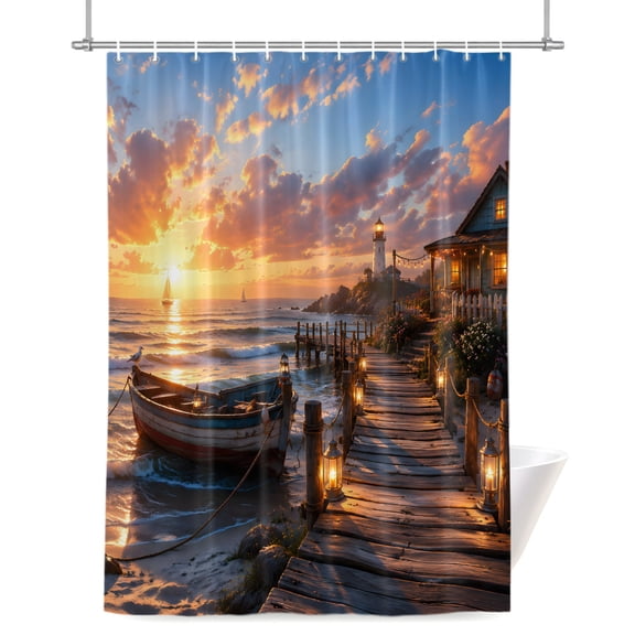 Lakeside Cottage Shower Curtain, Coastal Nautical Gold Sunset Boat Landscape Waterproof Shower Curtain Set with 12 Hooks Lightweight Bath Curtains Fabric Bathroom Decor 36x72 Inches