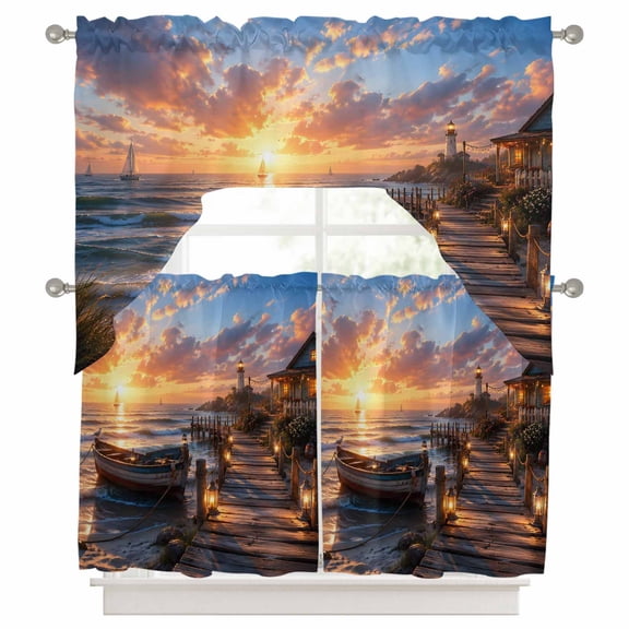 Lakeside Cottage Swag and Tier Curtains Set, Coastal Nautical Gold Sunset Boat Landscape Kitchen Valances with Tier Curtains 36 in Long, Light Filtering Curtains for Sink Laundry Bathroom