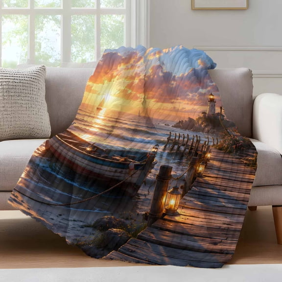 Lakeside Cottage Throw Blanket for Couch Coastal Nautical Gold Sunset Boat Landscape Soft and Warm Flannel 3D Striped Fuzzy Fleece Blanket Lightweight Throw for Bed, Sofa 30 x 40 Inches