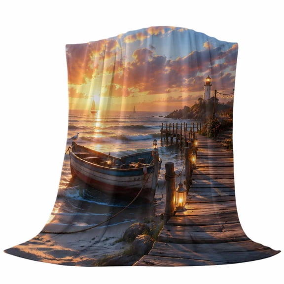 Lakeside Cottage Throw Flannel Blanket Coastal Nautical Gold Sunset Boat Landscape Super Soft Cozy Bed Blanket, Lightweight Plush Fuzzy Bed Throw for Bedroom Sofa Couch Living Room 30x40in