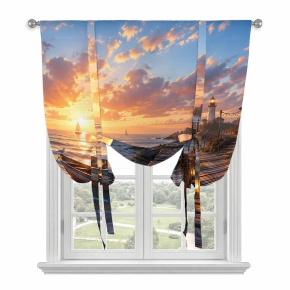 Lakeside Cottage Tie Up Balloon Window Curtain 52W x 63L Inch, Coastal Nautical Gold Sunset Boat Landscape Rod Pocket Adjustable Tie Up Curtains Small Kitchen Sink Curtains for Cafe Bedroom