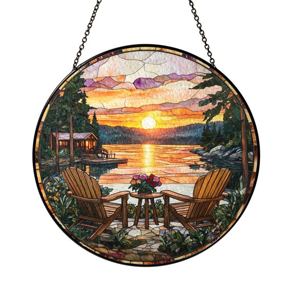 Lakeside Dock Window Hanging – Stained Glass Style Nature Art