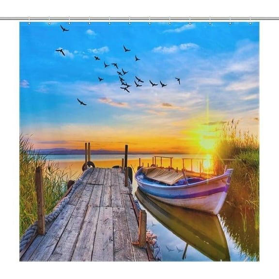 Lakeside Landscape Shower Curtains,Rustic Style Bridge Boat Lake Nature 3D Landscape Scenery Print For Bathroom Home Decor Set With 12 Pack Plastic Hooks 72"W x 72"L