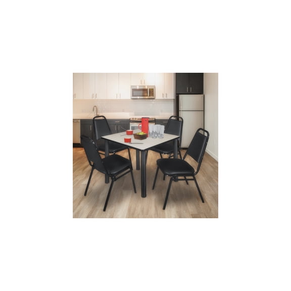 Lakeside Living Maple and Black Square Breakroom Table with 4 Black Restaurant Stack Chairs Offering Natural Warmth and Style for Workspaces