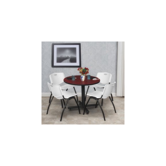 Lakeside Living Round Breakroom Table in Mahogany Finish with 4 Grey 'M' Stack Chairs Offering Classic Design and Comfortable Seating Solutions