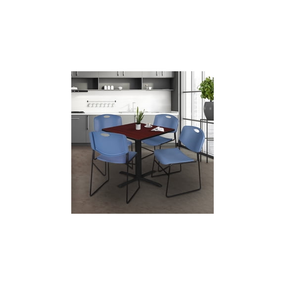 Lakeside Living Square Breakroom Table with Mahogany Laminate Top Chrome Legs and 4 Blue Stack Chairs for Team Dining or Collaborative Areas