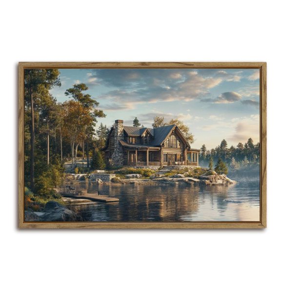 Lakeside Log Cabin Home Horizontal Canvas Wall Art with Lightweight Foam Frame - Durable and Ready to Hang, Modern Decorative Print for Living Room, Bedroom, Or Office