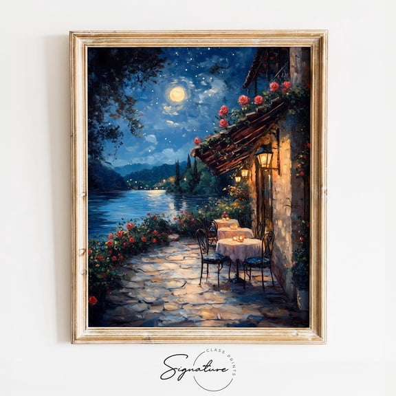 Lakeside Patio At Night, Romantic Valentines Day Wall Art, Moody Cottagecore Scene, Rustic Able Decor, Vintage UNFRAMED Poster, Wall Art for Decor, Present, 8x12