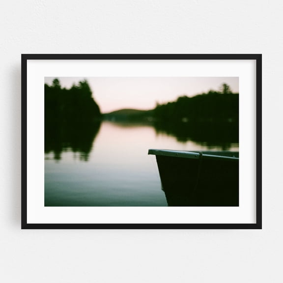 Lakeside Reflections - Canada Photography Boat Sunset Water Nature Scenic Landscape Minimalist Black Framed Wall Art Print 16 x 24 inches