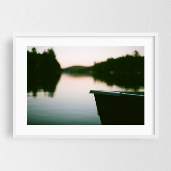 Lakeside Reflections - Canada Photography Boat Sunset Water Nature Scenic Landscape Minimalist White Framed Wall Art Print 5 x 7 inches