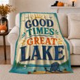 thumbnail image 1 of Lakeside Retreat Retro Lake Scene Good Times Great, Peaceful Mountain Lake Scene, Warm Flannel Blanket for Cabin and Lodge, Outdoor Lovers Camping Gift, Rustic Home Decor, 1 of 9