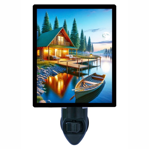 Lakeside Serenity Night Light Cozy Log Cabin with Moonlit Lake, Pine Trees and Wooden Rowboat Rustic Cabin Dcor Includes Free Switchable Insert