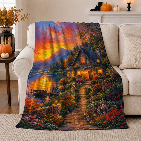 Lakeside Sunset Cottage Garden Path, Peaceful Mountain Lake Scene, Warm Flannel Blanket for Cabin and Lodge with Detailed Artwork, Outdoor Lovers Camping Gift, Rustic Home Decor