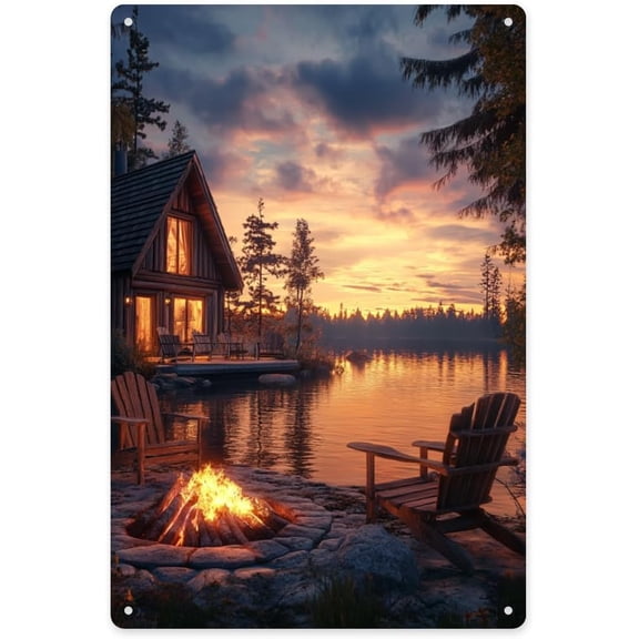 Lakeside Sunset Metal Tin Sign, Cabin Campfire and Wooden Chairs Wall Art Decor Aluminum Plaque, 8 x 12 Inch