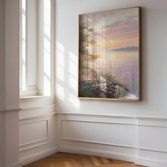 Lakeside Sunset Neutral Farmhouse Meadow Landscape Art, Unframed Paper Poster 8x10in