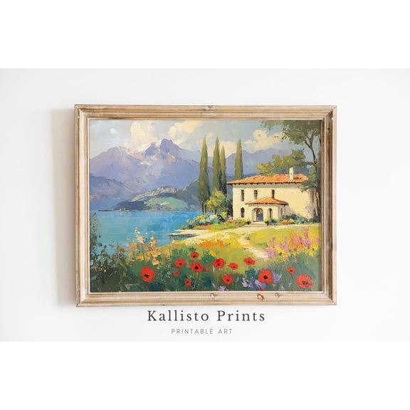 Lakeside Tuscan Villa Print Poster, Italian Countryside Art, Mediterranean Wall Decor, Rustic Home 432, Size 8x12 UNFFRAMED F03.1.6l2345