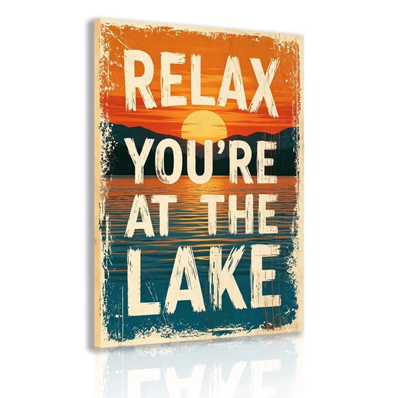 Lakeside leisure wall mural in canvas frame, "Relax by the Lake" poster, sunset lake view background painting, cozy lakeside cottage home decoration painting