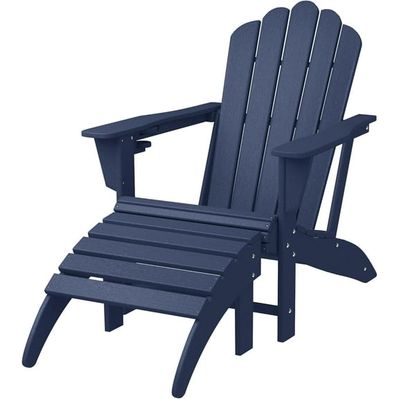 Lakeview 2-Piece Outdoor Patio HDPE Adirondack Chair with Ottoman and Cup Holder Set, Navy Blue