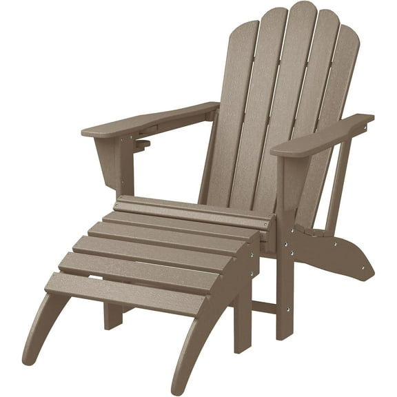 Lakeview 2-Piece Outdoor Patio HDPE Adirondack Chair with Ottoman and Cup Holder Set, Weathered Wood