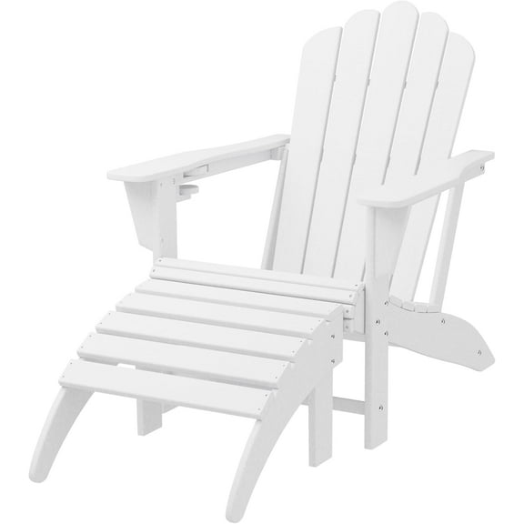 Lakeview 2-Piece Outdoor Patio HDPE Adirondack Chair with Ottoman and Cup Holder Set, White
