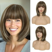 Lakihair 10inch Short Brown Bob Wig with Bangs Highlight Blonde Short Wigs for Women