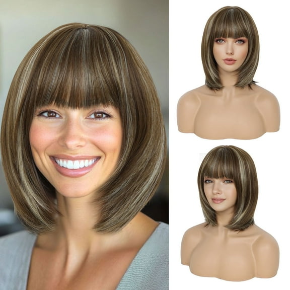 Lakihair 10inch Short Brown Bob Wig with Bangs Highlight Blonde Short Wigs for Women