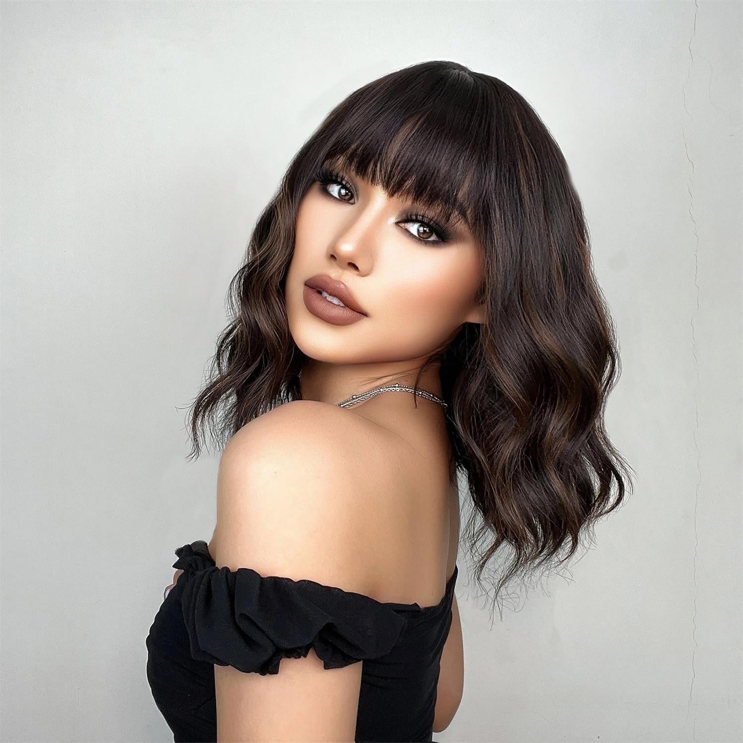 Lakihair 12inch Short Brown Bob Wigs for Women Water Wave Wigs with Bangs