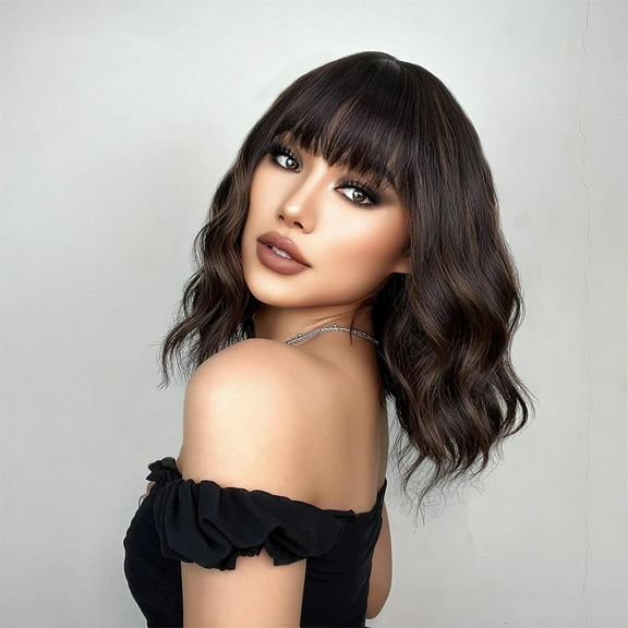 Lakihair 12inch Short Brown Bob Wigs for Women Water Wave Wigs with Bangs