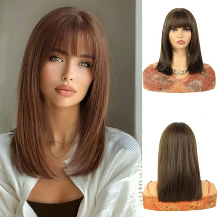 Lakihair 14" Short Brown Bob Wig with Bangs Shoulder Length Straight Bob Wigs for Women Wefted Wig Cap