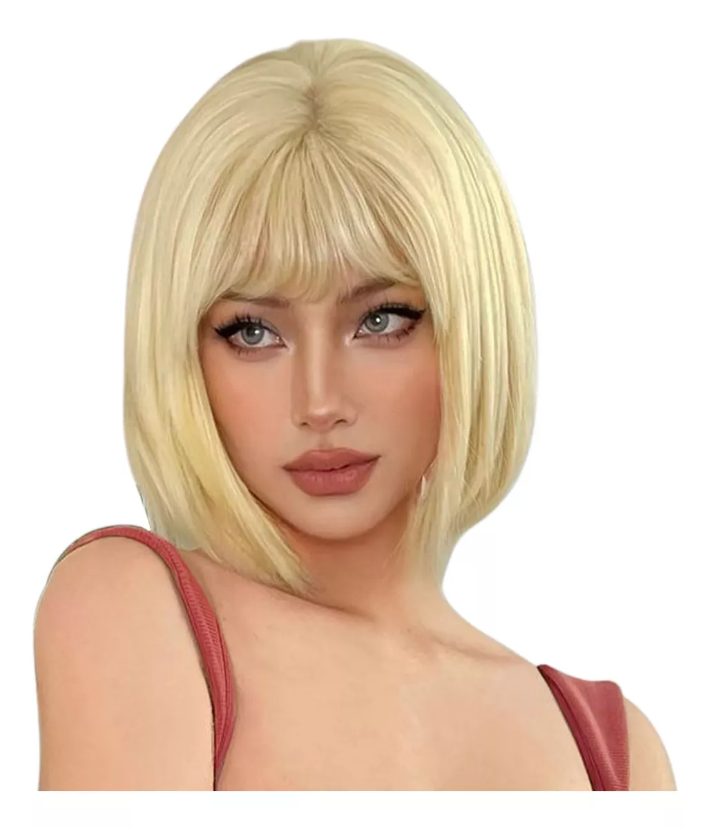 Lakihair Blonde Bob Wig for Women 10in Platinum Blonde Short Wigs with Bangs