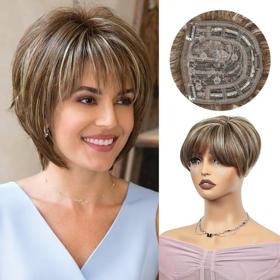 Short Hair Toppers for Women with Thinning Hair,Highlight Brown Synthetic Hair Toppers Fluffy Clip In Hair Piece