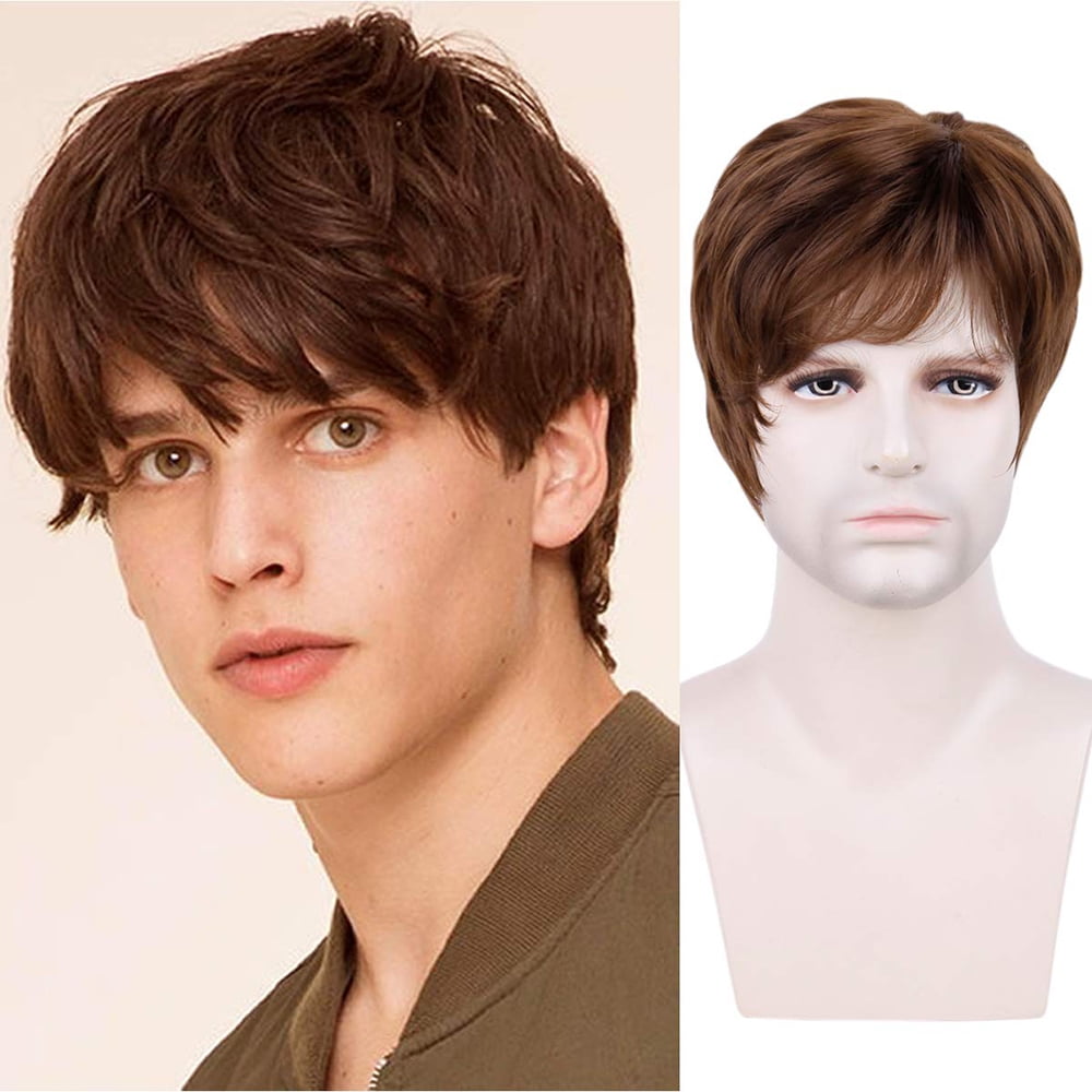 Lakihair Mens Short Brown Wigs for Male Layered Daily Fluffy Mens Wig Side Part Synthetic Hair