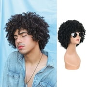Lakihair Mens Wig Short Black Wigs for Men Curly Wig With Bangs 70s 80s Disco Rocker Wig