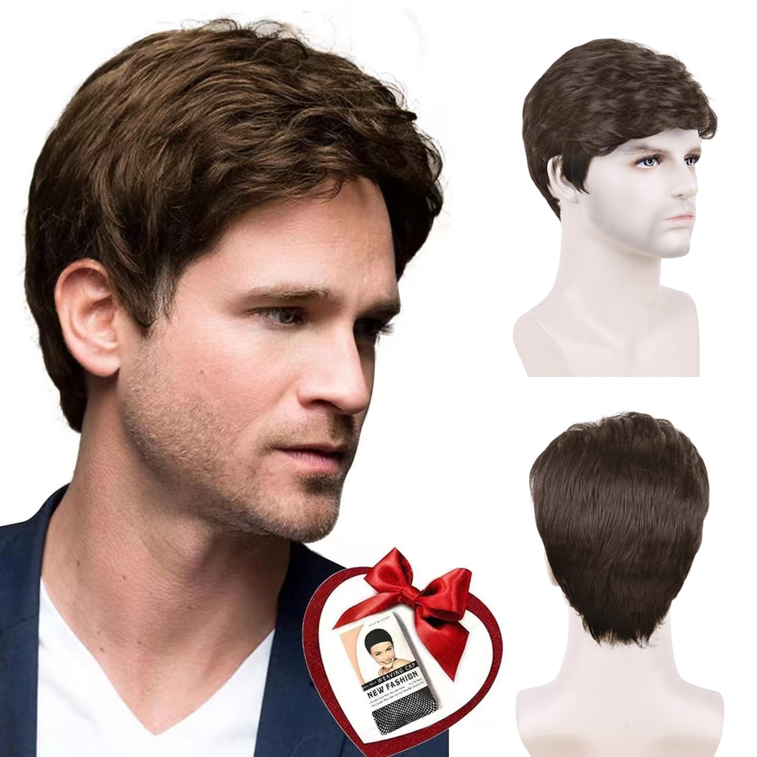 Lakihair Mens Wig Short Brown Wigs for Men Realistic Male Wig for Daily