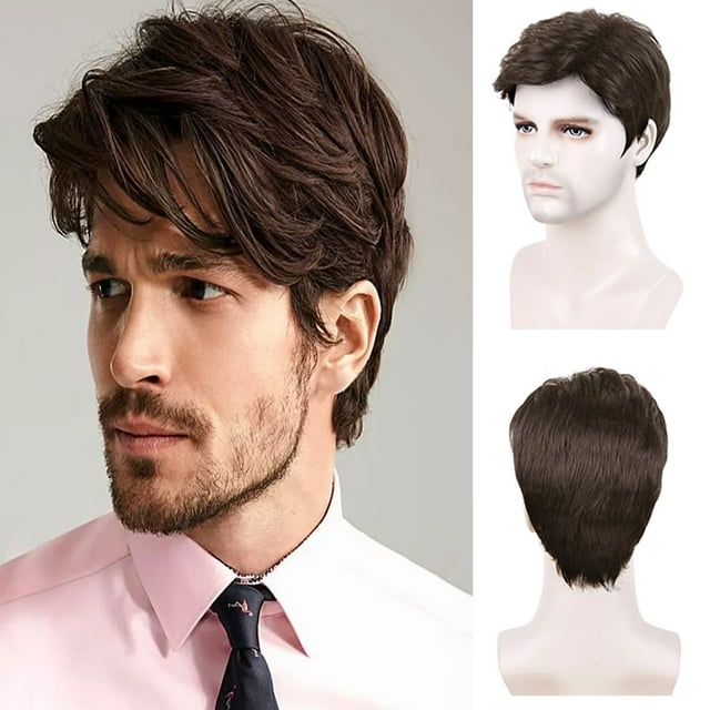 Lakihair Mens Wigs Short Brown Wigs for Men Natural Curly Wig Realistic Short Wigs