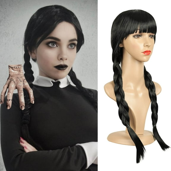 Lakihair Black Pigtail Wig with Bangs Party Events Cosplay Long Straight Wig for Women